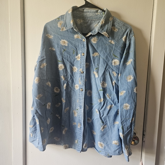 Floral Daisy Print Denim Button Up Shirt Large - Picture 3 of 6